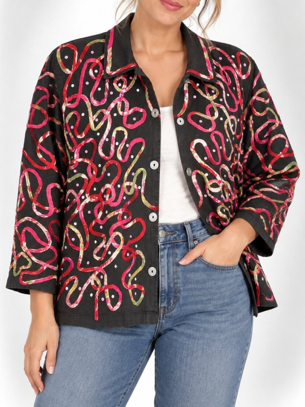 Units Woman 2X Black Ribbon Appliqué Sequin Art-to-Wear Jacket